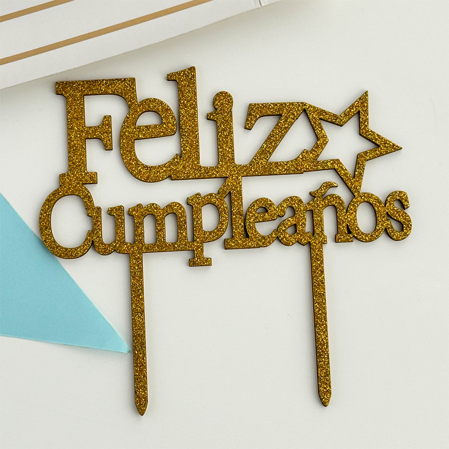 Topper feliz cumpleaños dorado