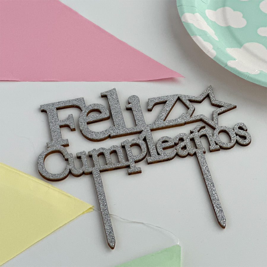 Topper feliz cumpleaños plateado